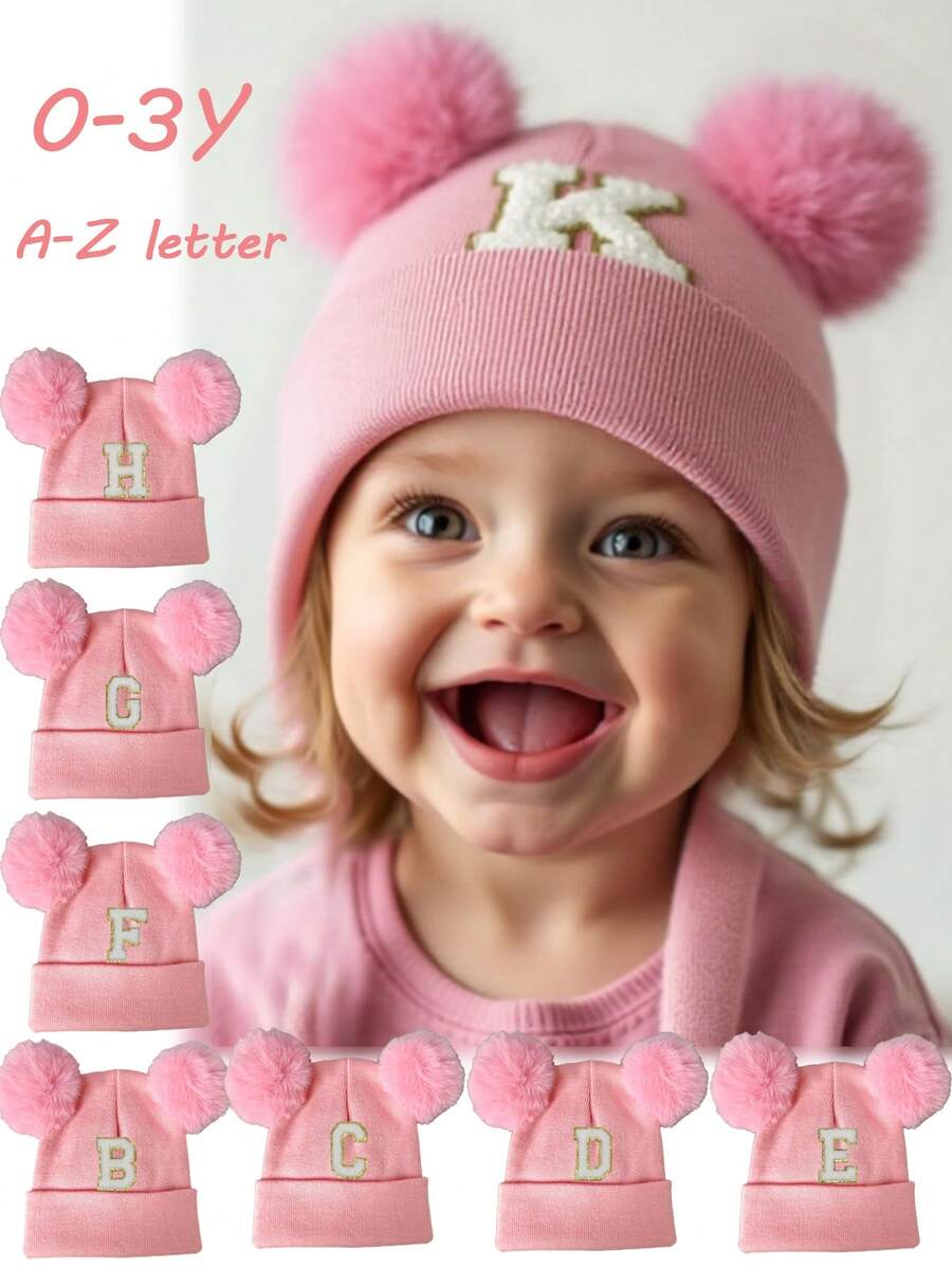 1 件装婴儿 A-Z 字母针织帽 婴儿女孩帽子 儿童无檐便帽 婴幼儿配饰 儿童帽子 弹力 0-3 岁幼儿女孩男孩帽子 - 粉色 - 查看 1