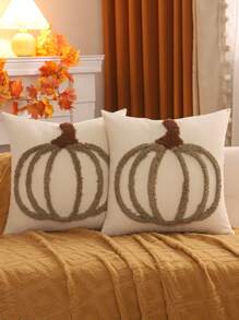 万圣节南瓜毛绒刺绣抱枕套，秋收感恩节装饰，适合室内派对、客厅、卧室、沙发，绿色