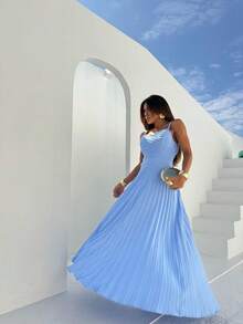 Elegant Pleated Dress With Adjustable Straps And Sweetheart Neckline, Elegant For Party And Wedding - 淺藍色 - 查看 3