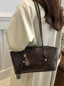 1个咖啡棕色绗缝拉链PU纯色保龄球包，大容量手提包，新款时尚复古风单肩包，适合女性日常使用，秋冬季，复古包