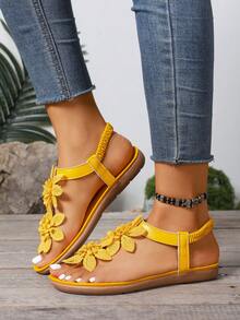 Plus Size Women's Elegant Sandals, Yellow Floral Decor, Fairy Tale Style For Summer, Open Toe Design, Fabric Upper And Lining, Non-Slip Outsole, Microfiber Insole,Flip Flops - Yellow - View 5