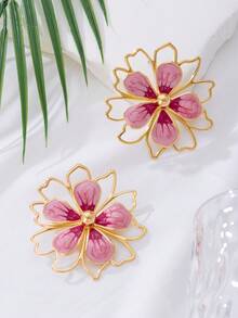 1 par de pendientes elegantes de gota con diseño floral hueco y degradado, adecuados para vacaciones de verano - Rosa - Ver 3