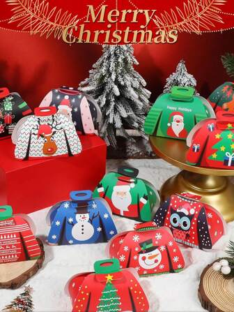24 件/套圣诞快乐毛衣设计礼品盒套装，创意圣诞老人、雪人、麋鹿和姜饼人图案纸质礼品包装盒，适用于节日圣诞节派对礼品装饰、圣诞装饰