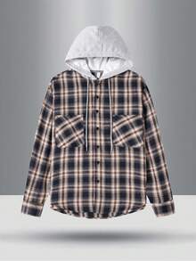Men's Casual Loose Fit Checkered Hooded Shacket With Chest Pocket, Adjustable Drawstring, Versatile For Spring Autumn - Navy Blue - View 2