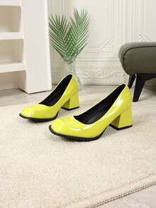 秋冬法式复古玛丽珍女鞋，纯色新款春季高跟鞋，小号皮鞋，优雅方头粗跟鞋，优雅 - 螢光黃 - 查看 6