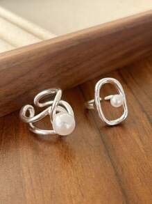 2pcs Pearl Rings Set For Women Couples New Elegant Creative Hollow Geometry Handmade Birthday Party Rings Jewelry Gifts - Silver - View 4