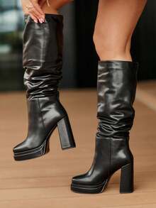 Damen Mode vielseitige Pendelstiefel mit hohem Absatz über dem Knie - Schwarz - Übersicht 7