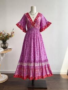 Rusttydustty 女士蓝色印花交叉V领喇叭袖连衣裙，波西米亚音乐节海滩装扮，热带度假风 - 粉色 - 查看 4