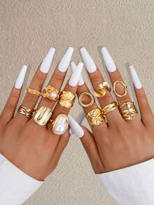 6-14pcs Fashion Punk Asymmetrical Chunky Floral Baroque Faux Pearl Gold Tone Ring Set For Women, Suitable For Holiday, Date, Party, Gift, Daily Wear (No Box) - Yellow Gold - View 7
