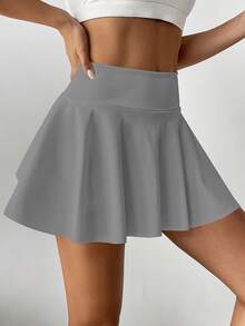 高腰白色网球短裙，二合一防闪光高尔夫、羽毛球、健身短裙，带口袋，夏季运动裙裤，侧袋户外跑步运动新款女式短裙 - 灰色 - 查看 5