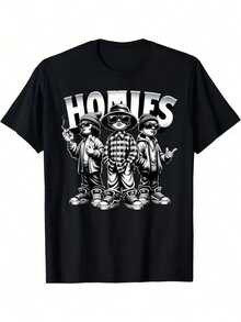 'HOMIES' Street Cool  Printed T Is Suitable For Good Friends Men'S And Women'S Black Cotton T-Shirts. Crew-Neck Undershirt With Clear Print. Simple Design, Neat Stitch And Thread. - màu đen - Xem 2