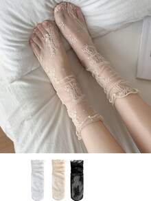 3雙女式花卉蕾絲甜美風格襪子夏季 - 彩色 - 查看 15