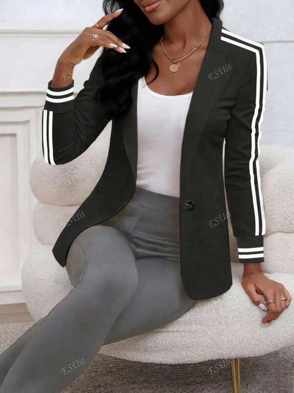1 pieza Blazer delgado de primavera/otoño con botones decorativos, bolsillo falso y diseño a bloques de color tejido para mujeres