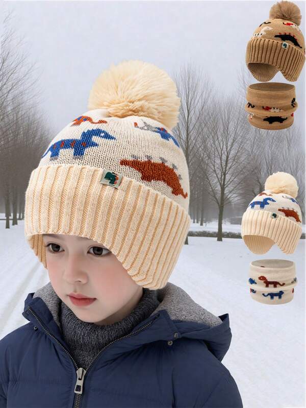 2 piezas Conjunto de gorro y bufanda de punto con forro polar cálido y a prueba de viento para niños, adecuado para niños y niñas de 3 a 12 años, gorro con pompón único y estampado de dinosaurio
