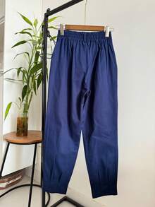 ISADORA MODA Women's Carrot Twill Pants, 2 Buttons, With Pockets, Solid Color() - Navy Blue - View 4