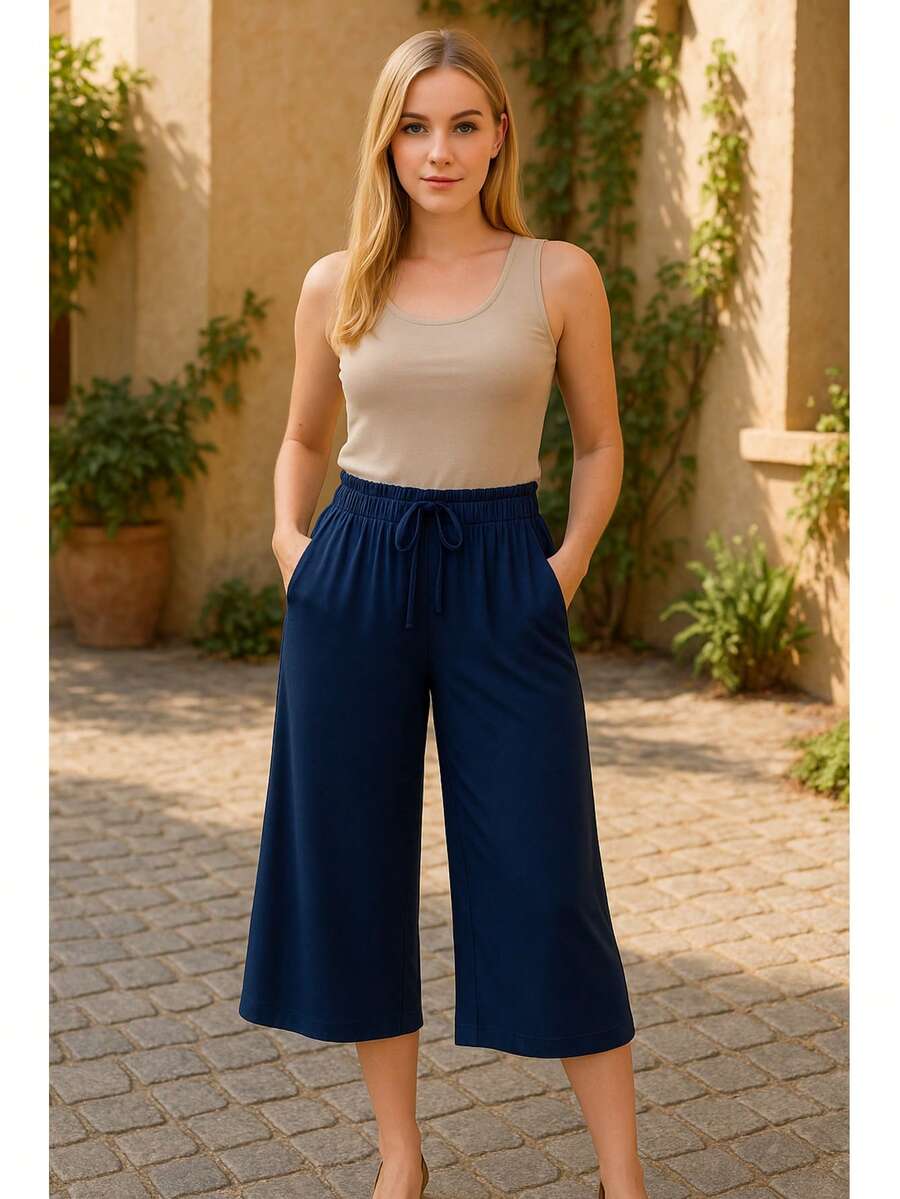 Women's Pantacourt Pants In Viscolycra Knit, Capri, Simple Casual, With Drawstring Pocket - 藏蓝色 - 查看 1