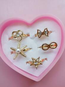 5pcs/Set + Gift Box Gold Adjustable Rings, Children Girls Jewelry, Alloy Rings, Jewelry Gift, Random Delivery