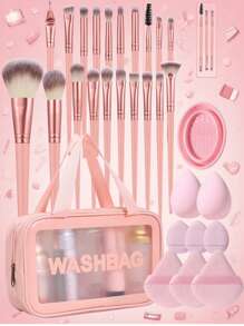 30件套化妆刷海绵套装，含化妆包，旅行化妆包，适用于液体、膏状和粉状化妆品 - 包括抛光刷、晕染刷和面部刷，化妆刷套装，化妆刷套装，化妆刷套装，全套化妆工具，化妆刷套装，化妆刷套装，化妆礼盒套装 - 粉色 - 查看 1