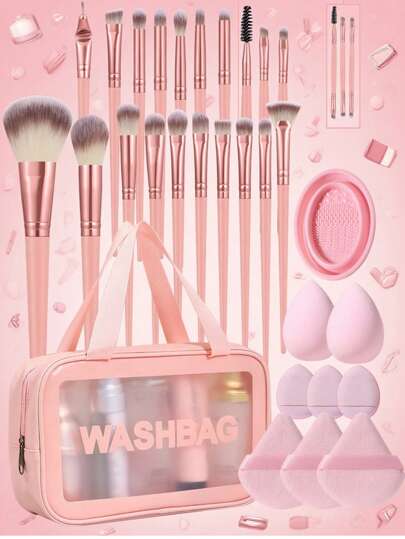 30件套化妆刷海绵套装，含化妆包，旅行化妆包，适用于液体、膏状和粉状化妆品 - 包括抛光刷、晕染刷和面部刷，化妆刷套装，化妆刷套装，化妆刷套装，全套化妆工具，化妆刷套装，化妆刷套装，化妆礼盒套装