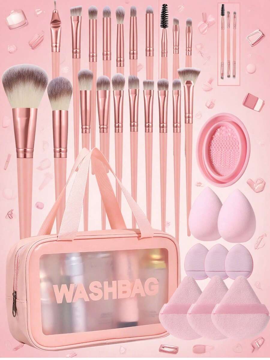 30件套化妆刷海绵套装，含化妆包，旅行化妆包，适用于液体、膏状和粉状化妆品 - 包括抛光刷、晕染刷和面部刷，化妆刷套装，化妆刷套装，化妆刷套装，全套化妆工具，化妆刷套装，化妆刷套装，化妆礼盒套装 - 粉色 - 查看 1