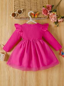Baby Girls' Floral Embroidery Waist Ruffle Hem Long Sleeve Ribbed Mesh Princess Dress - Hot Pink - View 7