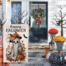 1 pieza - Bandera de jardín vertical de poliéster en NEGRO y BLANCO para Halloween - Diseño de fantasma y calabaza floral, decoración exterior gótica de otoño, bandera impermeable para el porche espeluznante y la decoración de otoño