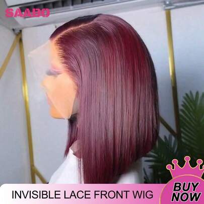 13x4高清透明蕾丝前假发，真人发混纺，预拔发际线，蕾丝前额短直波波头假发，女士染色发色，酒红色99j，时尚红色，12英寸