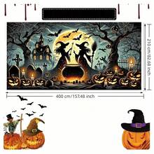 1 pieza Pancarta de fondo de garaje de Halloween, con escenas de bruja, calabaza y casa embrujada, adecuada para decoración de fiesta de Halloween, decoración de jardín, decoración de pared, decoración del hogar, celebración de aniversario y fondo de estudio fotográfico - Multicolor - Ver 2