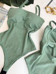 Women's Bodysuit With Braided Straps, Anarruga Fashion Blogger - Mint Green - View 2
