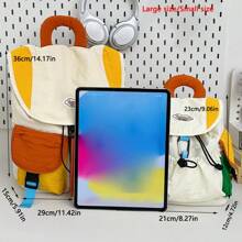 休闲拼色双口袋抽绳翻盖背包，女士便携式学校/校园包，适合学习、购物、返校季