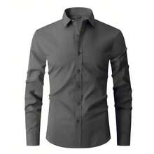 Men's Long Sleeve Slim Dress Shirt, Wrinkle-Free Elastane Fabric - 深灰色 - 查看 2