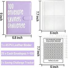 KKC 100 Envelopes Money Saving Challenge Binder, A5 Budget Binder With Cash Envelopes, Savings Challenges Book To Save $5,050, 10,000, 500, Budget Planner For Budgeting Planner Saving Money. - 紫色 - 查看 2