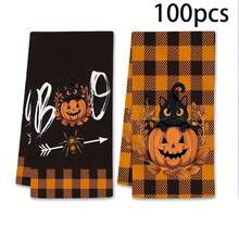 Un set de 2 toallas con temas de Halloween con patrones impresos de fantasmas y gatos negros, decorados con cuadrículas, lavables a máquina, resistentes al calor, absorbentes y reutilizables. Es un regalo ideal para la decoración de la habitación, toallas de cocina y baño, decoración de fiestas y decoración del hogar.
