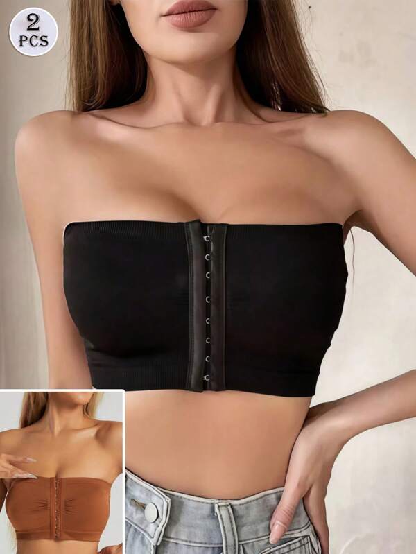 2 Pcs Women's Button-Up Bandeau Bras - Push Up & Wireless/Non-Padded