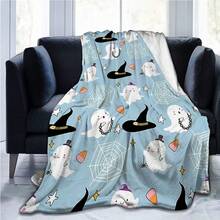 1pc Halloween Themed Plush Flannel Blanket, Featuring Ghost & Spider Web Patterns, Soft & Cozy Cartoon Halloween Themed Blanket, Ideal For Holiday Decor & Gifts, Suitable For Living Room, Bedroom, Office, Camping, Party, Autumn Design, Nap Blanket | Sofa Throw | Air Conditioning Blanket, Multiple Sizes Available, Bedroom Decor Blanket, Blue Blanket
