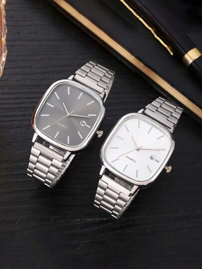 1pc Vintage Minimalist Fashionable Silver Square Dial Calendar Watch, Stainless Steel Band, High-End Feeling, Gift For Anniversary, Year-End Promotion, Singles' Day, Halloween Promotion, Etc.