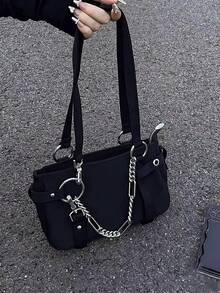 新款小众辣妹链条包，机车腋下包，高端单肩手提包，法棍包 - 黑色 - 查看 5