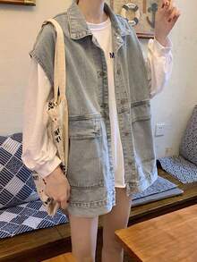 Las mujeres de mezclilla chaleco suelto fuera de desgaste versátil versión coreana de los hombros sin mangas ropa de trabajo chaqueta de mezclilla - Azul - Ver 3