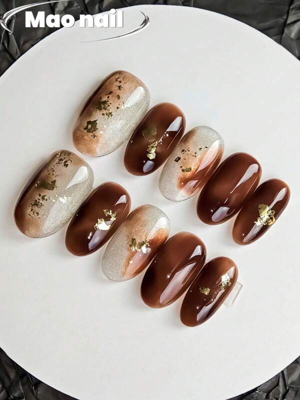10 Stücke bernsteinfarbene ovale handgemachte Aufklebe-Nägel, Nagelbedarf, kurze Nägel, braun verschmierte Nägel, Nägel mit Silber-Katzenauge-Effekt, mit Goldfolie dekorierte Nägel, Kunstnägel, Halloween, geeignet für Frauenpartys, Tanzveranstaltungen, täglichen Lässig-Stil