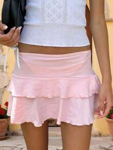 Layered Ruffle Mini Skirt For Women Summer Dots/Stripe/Heart Print/Solid Color High Waist Short Skirts - 藕粉色 - 查看 4