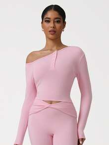 Sodalemon Women Slanted Shoulder Training Yoga Top Clothing 1 PC Long Sleeve Button Fitness Elastic Solid Color Workout Fitness T-Shirt - Pink - View 6