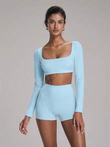 FWH 时尚瑜伽、户外、跑步、约会、通勤百搭多功能弹力性感街头休闲舒适校园青春长袖上衣，配有可拆卸胸垫和褶皱臀部设计，显瘦提臀美腿，优雅简约两件套运动服，女款 - 藍色 - 查看 5