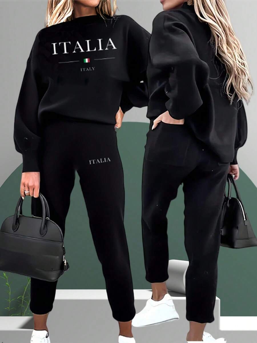 WomenS Casual Fall/Winter Two Pieces Set Italia Letter Crew Neck Sweatshirt + Sports Pants Outfit Women Pullover + Jogger Suits Tracksuit Sweatpants Italy Print Hoodie+ Joggers Set Spring Holiday Gifts For Women Girls