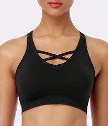 ANGOOL Racerback - Sujetadores deportivos para mujer - Sujetador de yoga inalámbrico de apoyo medio para correr, gimnasio y fitness - Negro + gris + morado - Ver 5