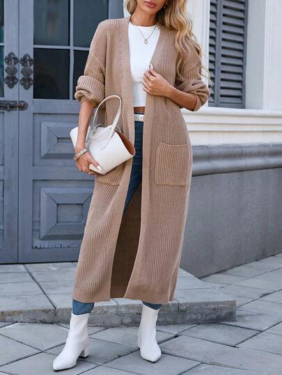 Damen Cardigan mit Dropped Shoulder, Langarm, Doppeltasche und Strick-Design