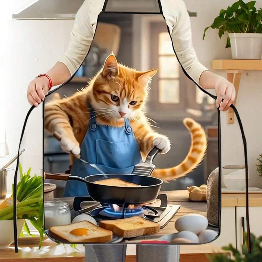 Funny Women Kitchen Apron Chef Cat Print Prints Waterproof Adults Cooking Apron For Cafe Shop Baking Gardening Aprons - Mustard Yellow - View 1