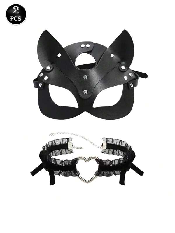 2pcs Leather Fox Mask And Heart Lace Collar Set, Women's Sexy Lingerie Accessories, Suitable For Role Play, Venetian Parties, Festivals, Halloween Costume Props