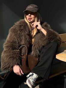 女装冬季新款法式专属高端宽松缺角领名媛风人造毛皮短款外套 - 棕色 - 查看 6