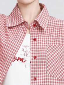 Red Plaid Shacket For Women, Loose Fit, Turndown Collar, Long Sleeve, Spring/Autumn New Arrival