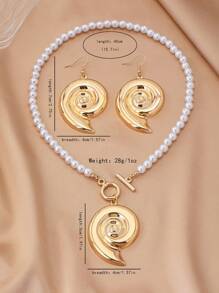 3pcs/Set Vintage Ocean Style Snail Shell Pendant Pearl Necklace & Earrings Set, Fashionable & Elegant For Vacation, Party And Daily Wear